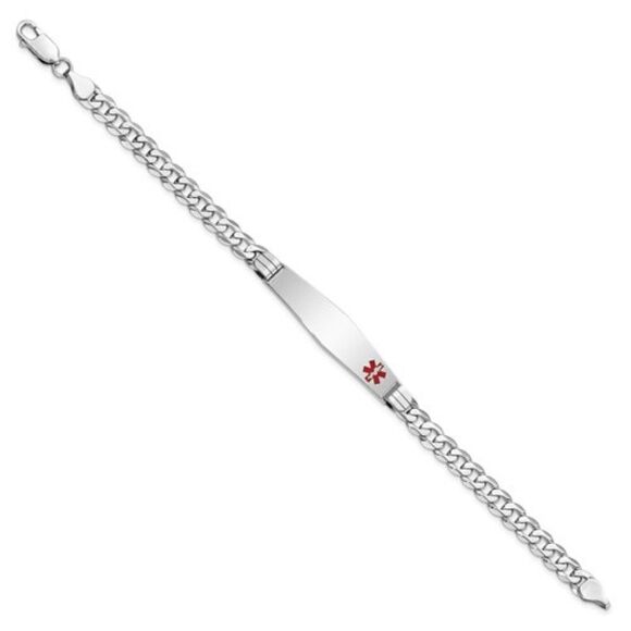 14K White Gold Medical Soft Diamond Shape Red Enamel Flat Curb Link ID Bracelet - Picture 2 of 5